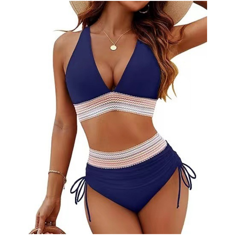 Patchwork-Bikini mit V-Ausschnitt, 2-teiliges Set