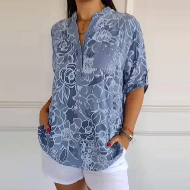 Damenbluse mit V-Ausschnitt und Blumendruck