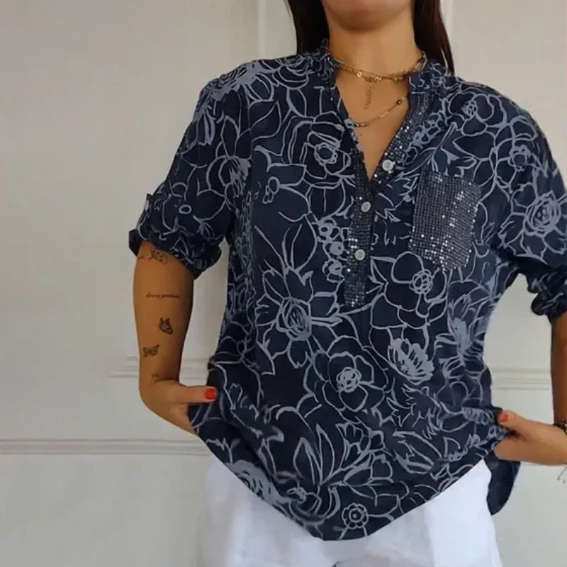 Damenbluse mit V-Ausschnitt und Blumendruck