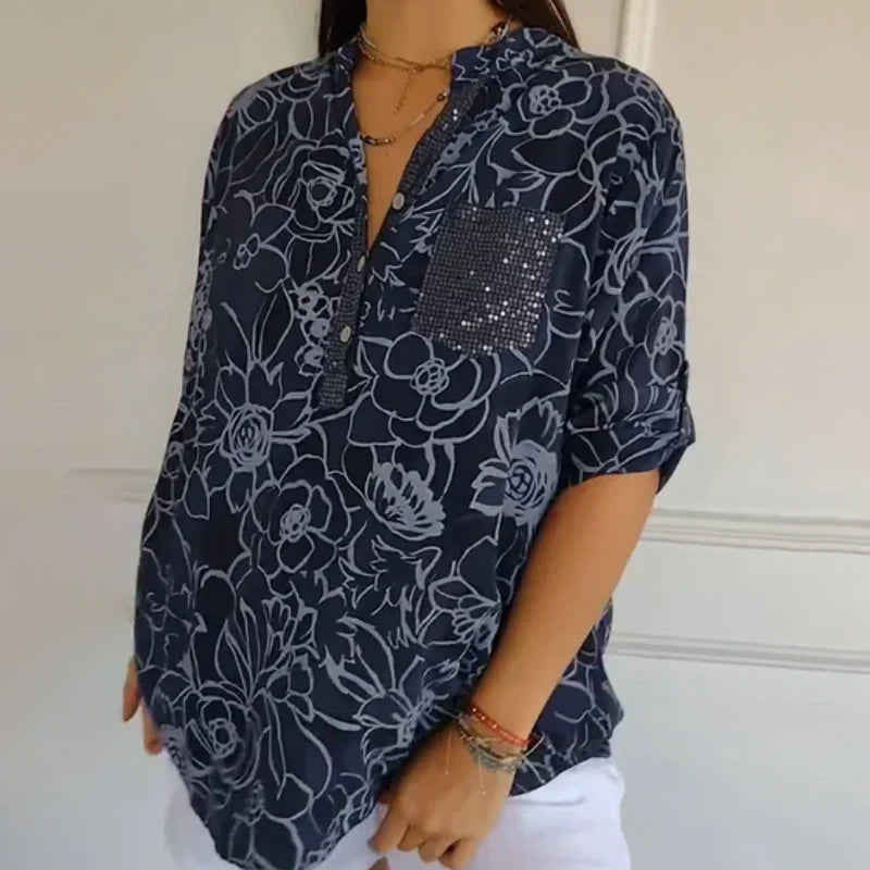 Damenbluse mit V-Ausschnitt und Blumendruck