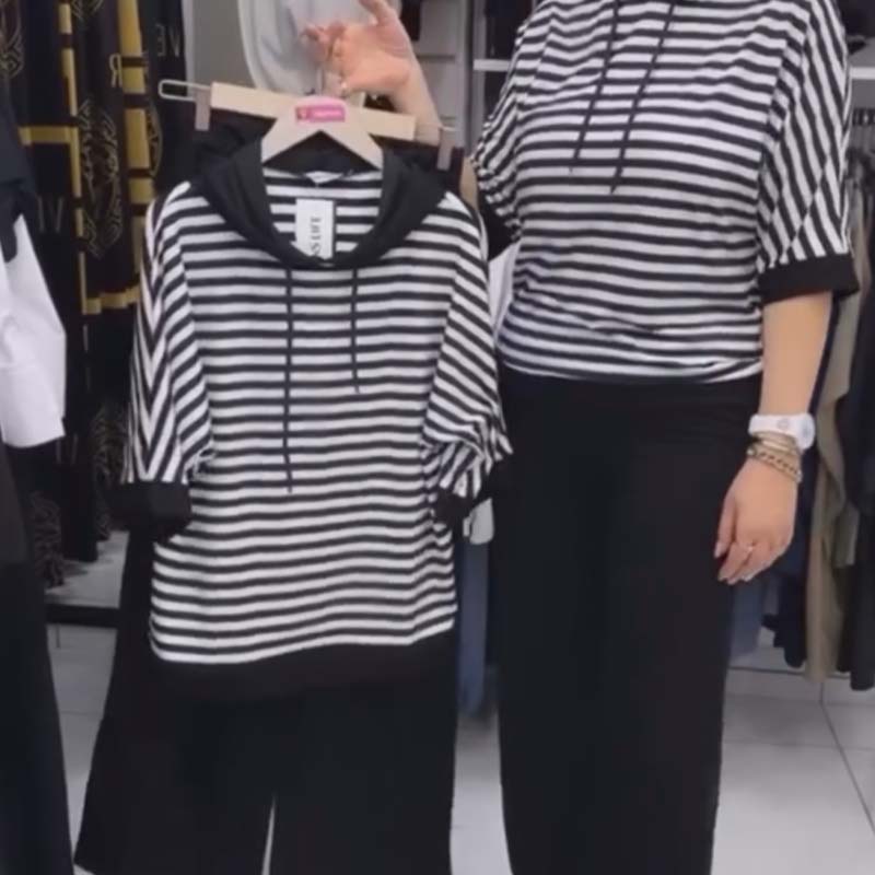 ⏳Begrenzte Zeit 50% Rabatt💥Damen-Set aus gestreiftem Oberteil und einfarbiger Hose