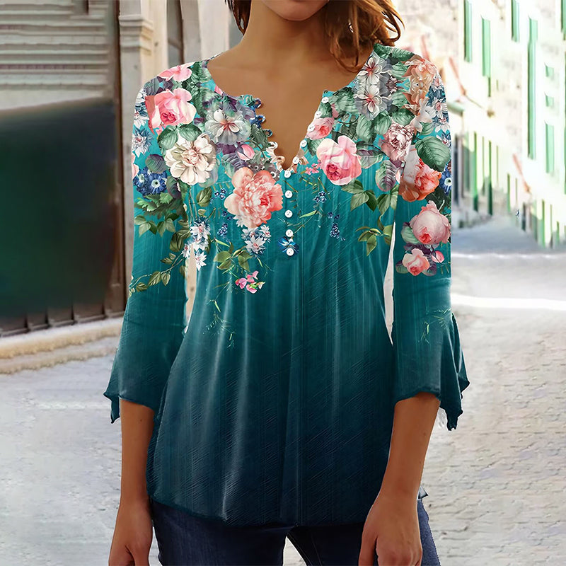 🌸💐2026 Mode neue Blumen gedruckt V-Ausschnitt plissiert Knopf T-Shirt unten Shirt