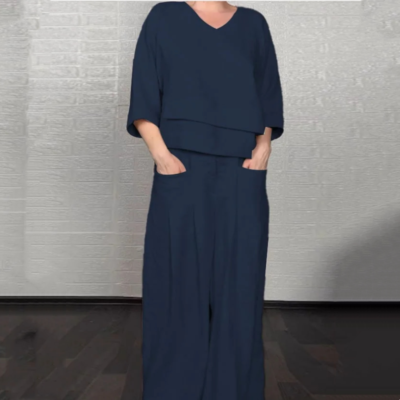 Gluschwein - 💎 2-teiliges Set aus Baumwoll-Leinen mit unregelmäßigem Saum – V-Ausschnitt-Oberteil + Weitbein-Hose, atmungsaktiv & mühelos stilvoll 🍂👚