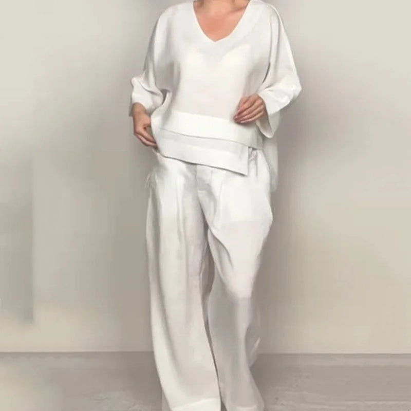 Gluschwein - 💎 2-teiliges Set aus Baumwoll-Leinen mit unregelmäßigem Saum – V-Ausschnitt-Oberteil + Weitbein-Hose, atmungsaktiv & mühelos stilvoll 🍂👚