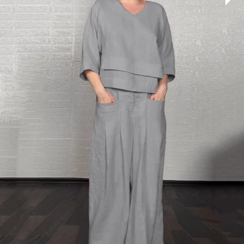 Gluschwein - 💎 2-teiliges Set aus Baumwoll-Leinen mit unregelmäßigem Saum – V-Ausschnitt-Oberteil + Weitbein-Hose, atmungsaktiv & mühelos stilvoll 🍂👚