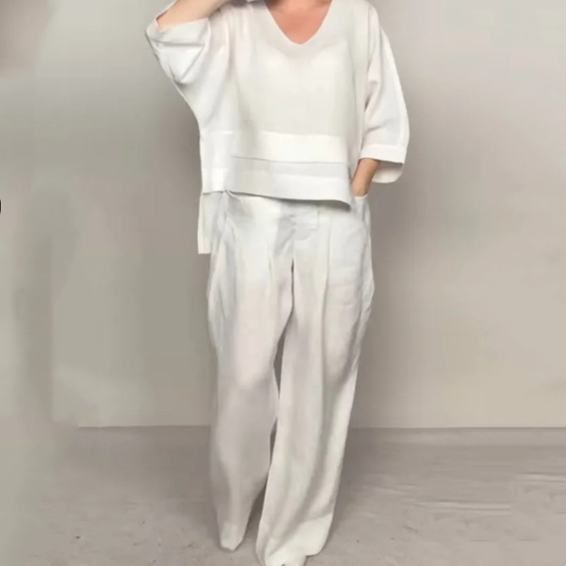 Gluschwein - 💎 2-teiliges Set aus Baumwoll-Leinen mit unregelmäßigem Saum – V-Ausschnitt-Oberteil + Weitbein-Hose, atmungsaktiv & mühelos stilvoll 🍂👚