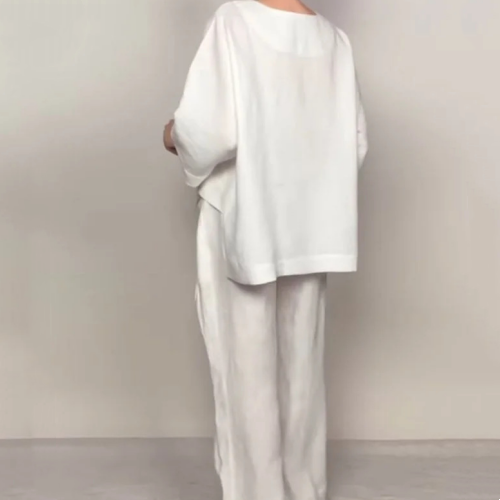 Gluschwein - 💎 2-teiliges Set aus Baumwoll-Leinen mit unregelmäßigem Saum – V-Ausschnitt-Oberteil + Weitbein-Hose, atmungsaktiv & mühelos stilvoll 🍂👚