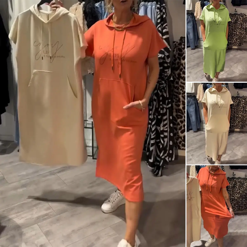 🌸49% Rabatt！🎉 Damen Kapuzenkleid mit kurzen Ärmeln – lockere, lange, einfarbige Passform – perfekt für Zuhause & unterwegs