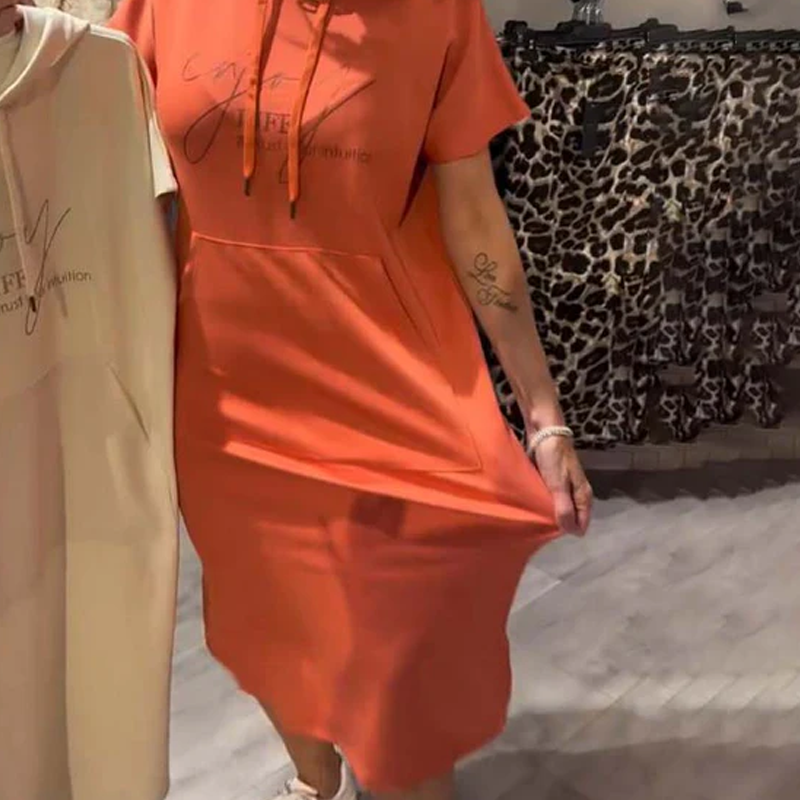 🌸49% Rabatt！🎉 Damen Kapuzenkleid mit kurzen Ärmeln – lockere, lange, einfarbige Passform – perfekt für Zuhause & unterwegs