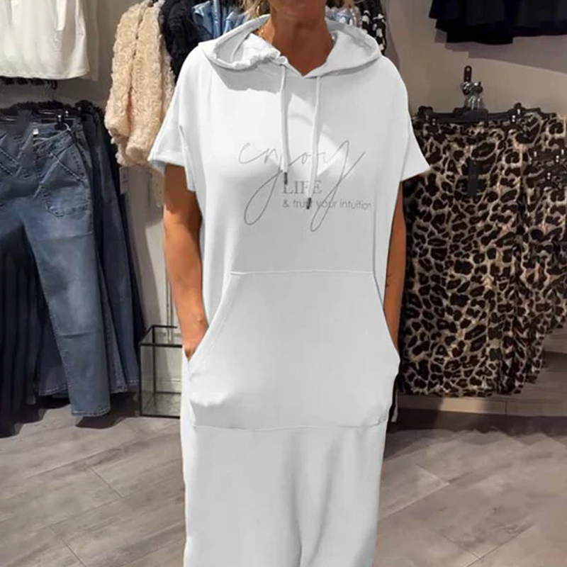 🌸49% Rabatt！🎉 Damen Kapuzenkleid mit kurzen Ärmeln – lockere, lange, einfarbige Passform – perfekt für Zuhause & unterwegs