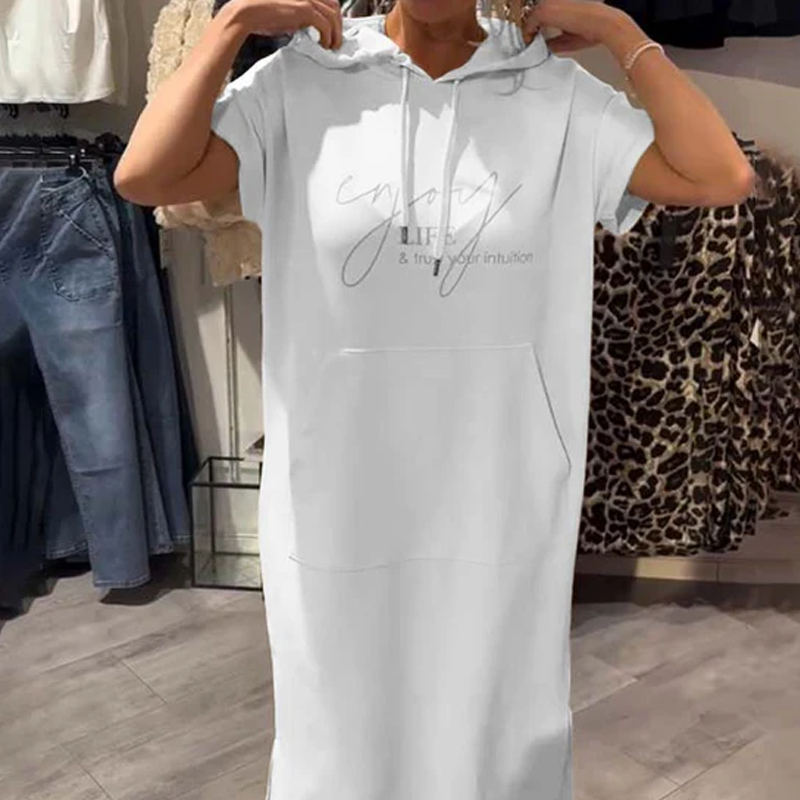 🌸49% Rabatt！🎉 Damen Kapuzenkleid mit kurzen Ärmeln – lockere, lange, einfarbige Passform – perfekt für Zuhause & unterwegs