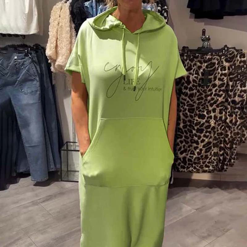 🌸49% Rabatt！🎉 Damen Kapuzenkleid mit kurzen Ärmeln – lockere, lange, einfarbige Passform – perfekt für Zuhause & unterwegs