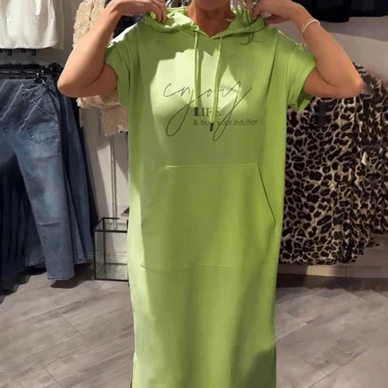 🌸49% Rabatt！🎉 Damen Kapuzenkleid mit kurzen Ärmeln – lockere, lange, einfarbige Passform – perfekt für Zuhause & unterwegs