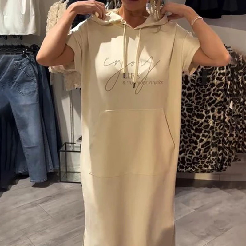 🌸49% Rabatt！🎉 Damen Kapuzenkleid mit kurzen Ärmeln – lockere, lange, einfarbige Passform – perfekt für Zuhause & unterwegs