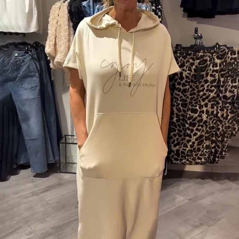 🌸49% Rabatt！🎉 Damen Kapuzenkleid mit kurzen Ärmeln – lockere, lange, einfarbige Passform – perfekt für Zuhause & unterwegs
