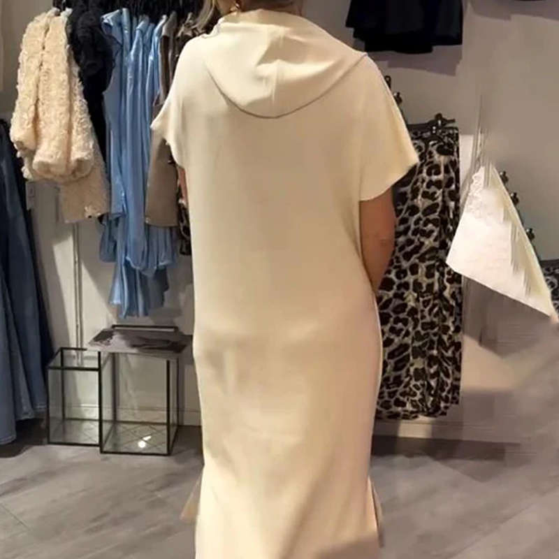 🌸49% Rabatt！🎉 Damen Kapuzenkleid mit kurzen Ärmeln – lockere, lange, einfarbige Passform – perfekt für Zuhause & unterwegs