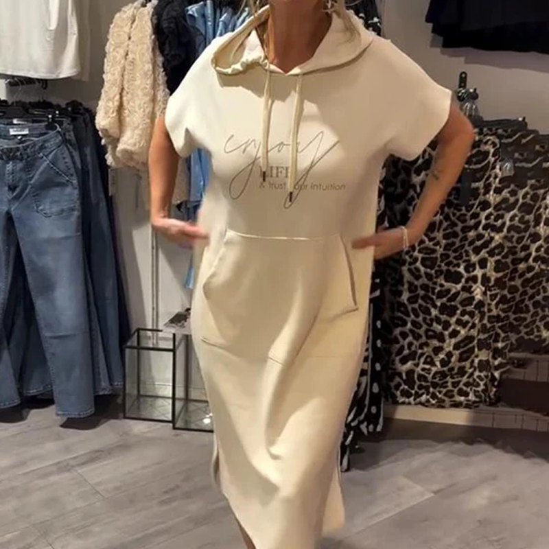 🌸49% Rabatt！🎉 Damen Kapuzenkleid mit kurzen Ärmeln – lockere, lange, einfarbige Passform – perfekt für Zuhause & unterwegs