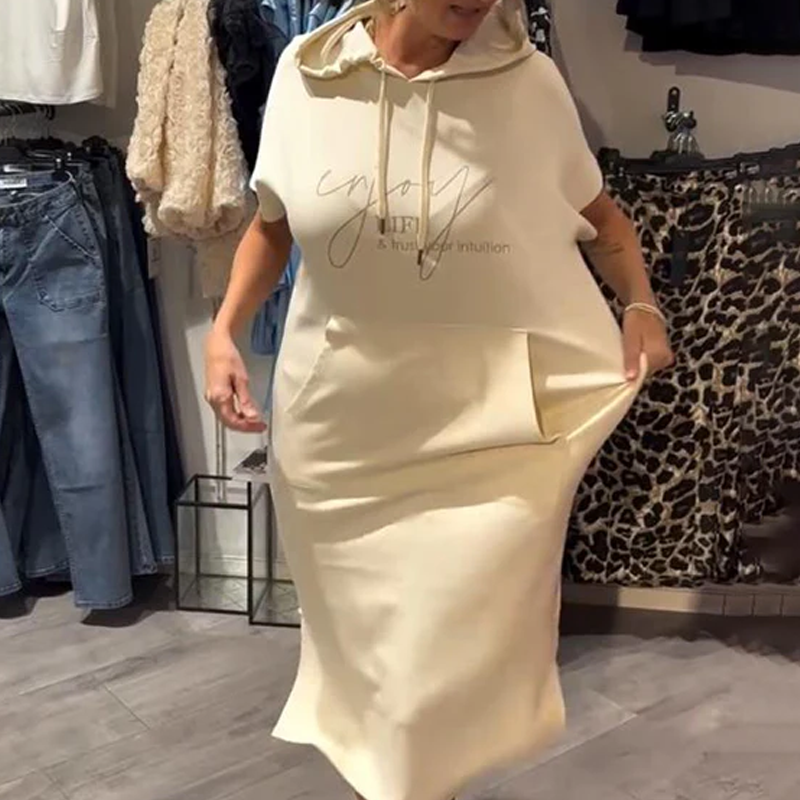 🌸49% Rabatt！🎉 Damen Kapuzenkleid mit kurzen Ärmeln – lockere, lange, einfarbige Passform – perfekt für Zuhause & unterwegs