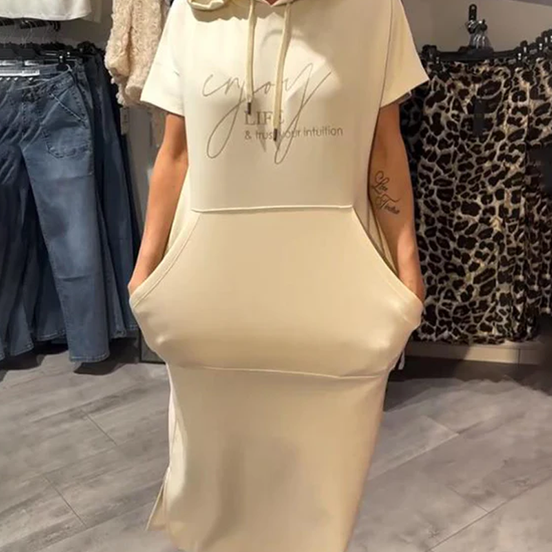🌸49% Rabatt！🎉 Damen Kapuzenkleid mit kurzen Ärmeln – lockere, lange, einfarbige Passform – perfekt für Zuhause & unterwegs