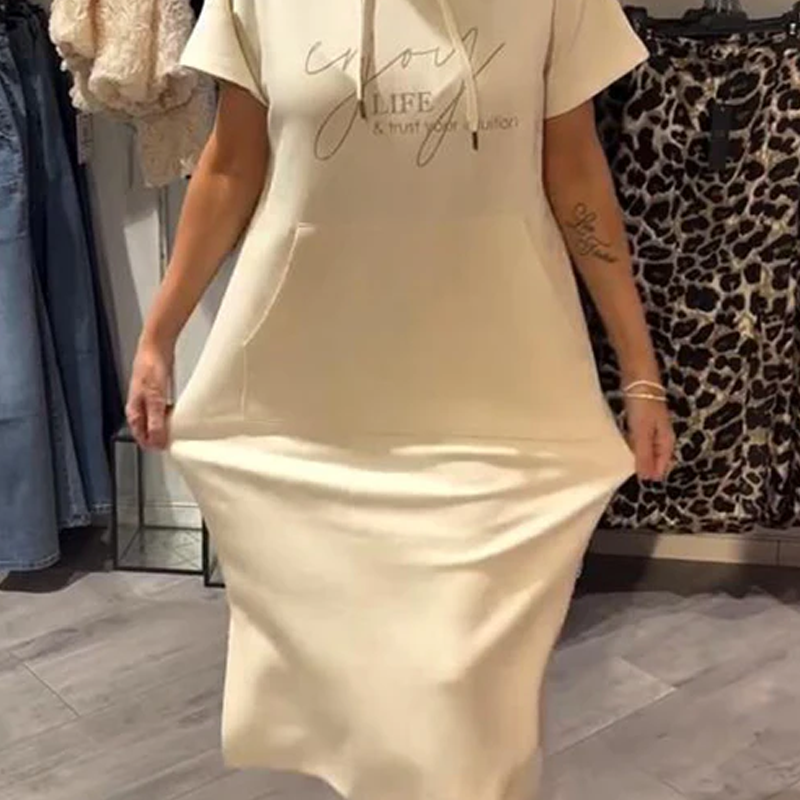 🌸49% Rabatt！🎉 Damen Kapuzenkleid mit kurzen Ärmeln – lockere, lange, einfarbige Passform – perfekt für Zuhause & unterwegs
