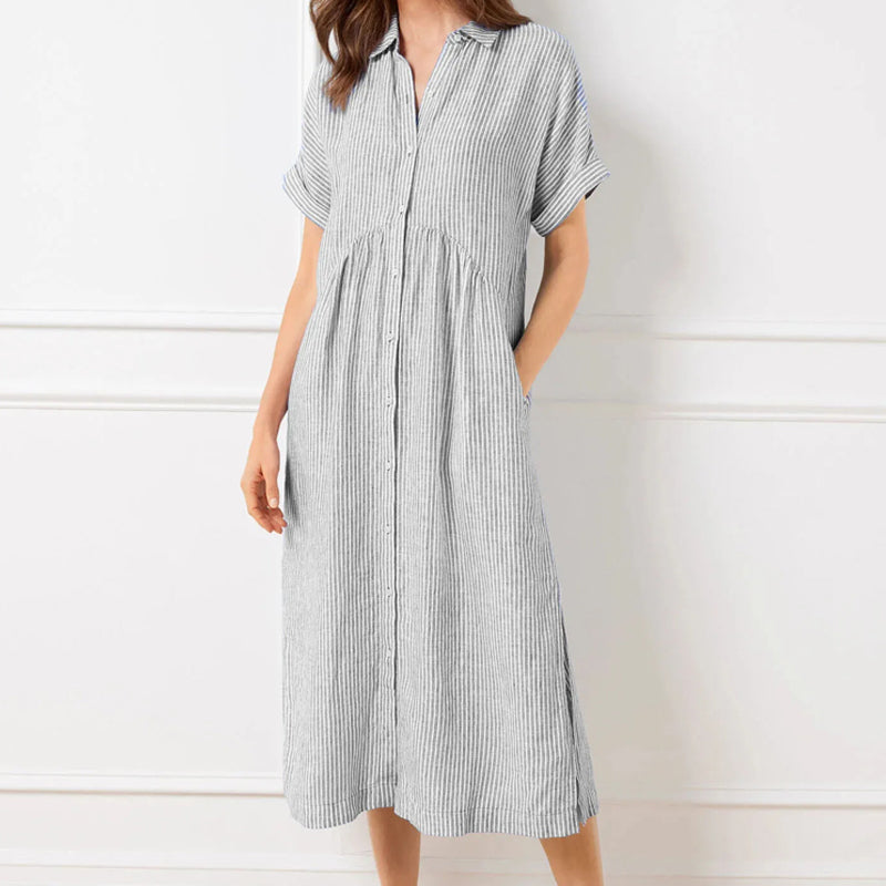🎁Neu eingetroffen 49% reduziert💥Gestreiftes Hemdblusenkleid mit Reverskragen und Knopfleiste | Mit praktischen Taschen