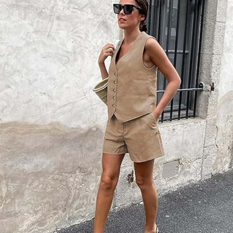 Gluschwein - Lässiges, ärmelloses Damen-Zweiteiler-Set aus Oberteil und Shorts mit V-Ausschnitt