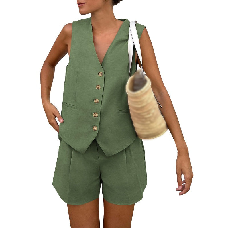 Gluschwein - Lässiges, ärmelloses Damen-Zweiteiler-Set aus Oberteil und Shorts mit V-Ausschnitt