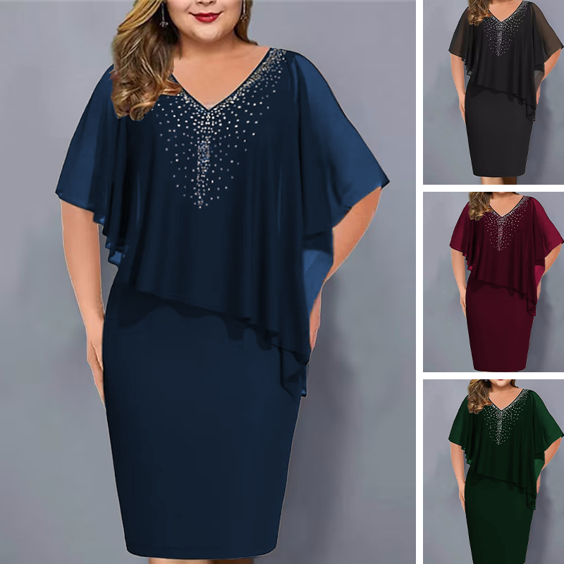 🌸Sommer-Sonderangebote 2026💐Cape-Kleid mit V-Ausschnitt und Strassverzierung sowie Chiffon-Überzug
