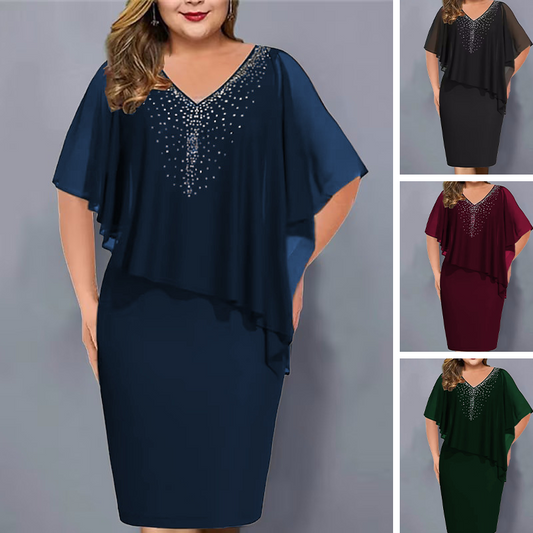 Gluschwein - 🌸Sommer-Sonderangebote 2026💐Cape-Kleid mit V-Ausschnitt und Strassverzierung sowie Chiffon-Überzug