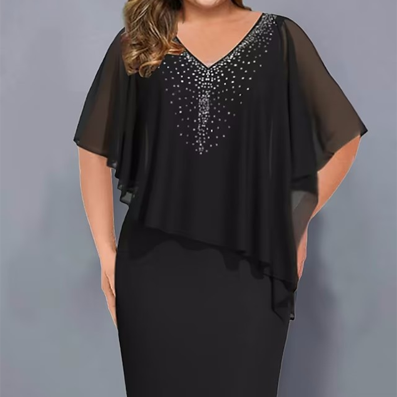 🌸Sommer-Sonderangebote 2026💐Cape-Kleid mit V-Ausschnitt und Strassverzierung sowie Chiffon-Überzug
