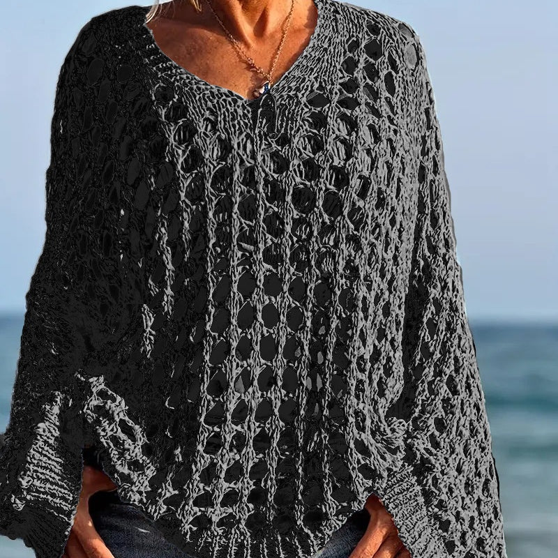 🌸Neu eingetroffen🌸Damen lässiges Unifarben-Häkel-Strick-Oberteil