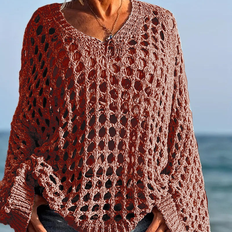 🌸Neu eingetroffen🌸Damen lässiges Unifarben-Häkel-Strick-Oberteil