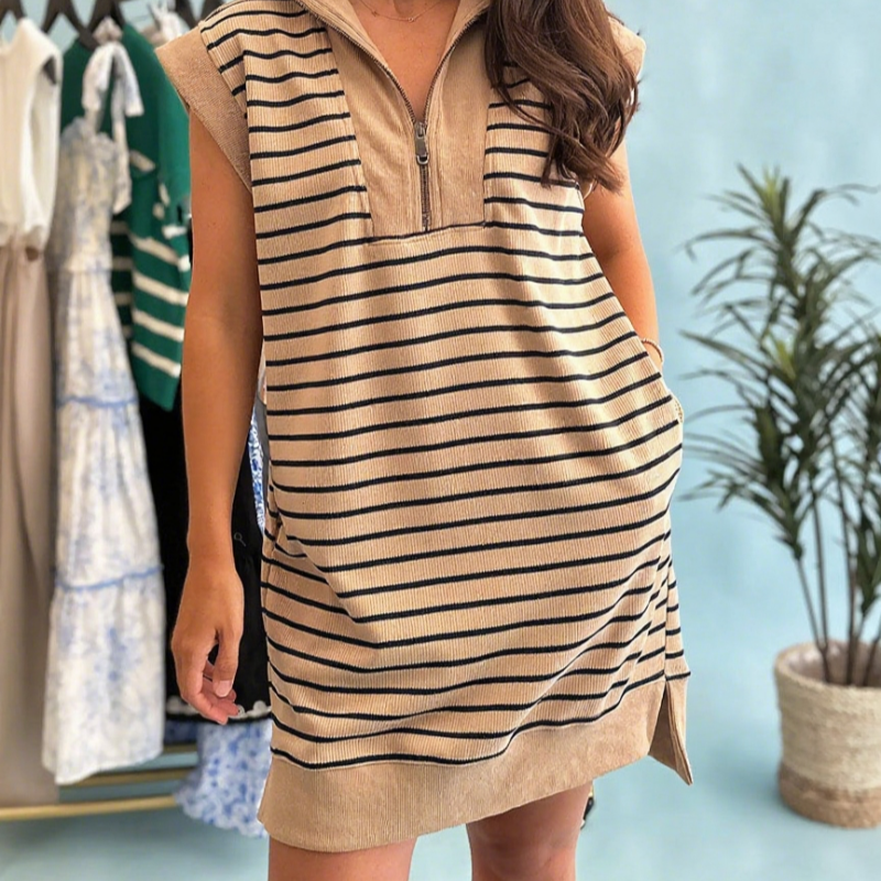 Gluschwein - 🎉Letzter-Tag-Aktion 49% RABATT💃Lässiges Strickkleid mit Streifen, Reißverschluss-Ausschnitt und Flügelärmeln