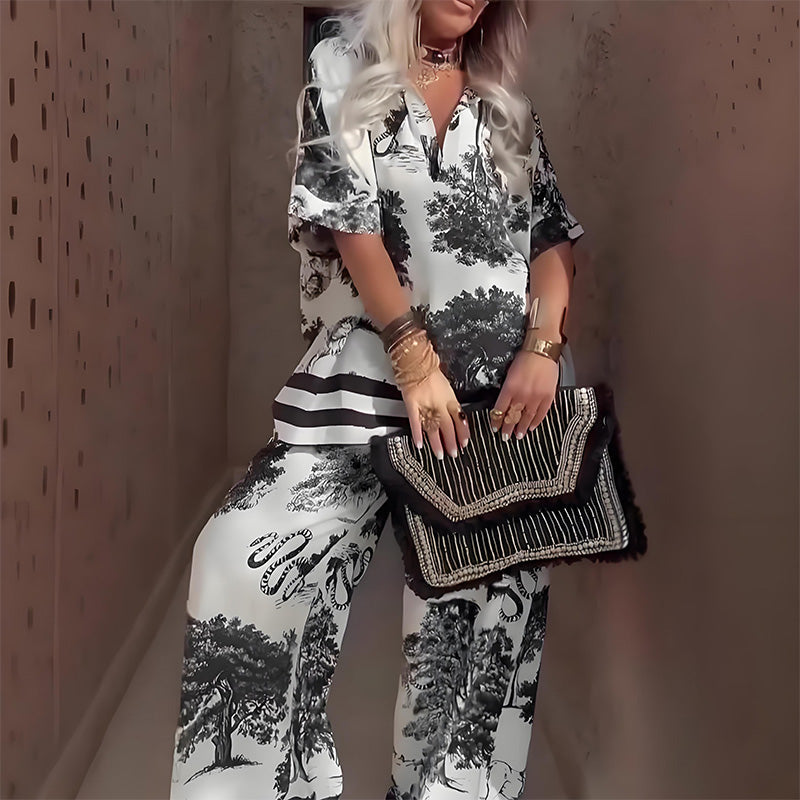 Gluschwein - 🍁Neuheit Sommer 2026: 50% Rabatt✨Damen-Set mit Print: Top mit V-Ausschnitt & lange Hose