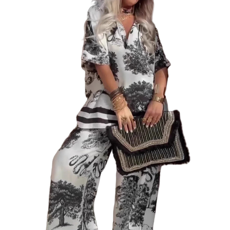Gluschwein - 🍁Neuheit Sommer 2026: 50% Rabatt✨Damen-Set mit Print: Top mit V-Ausschnitt & lange Hose
