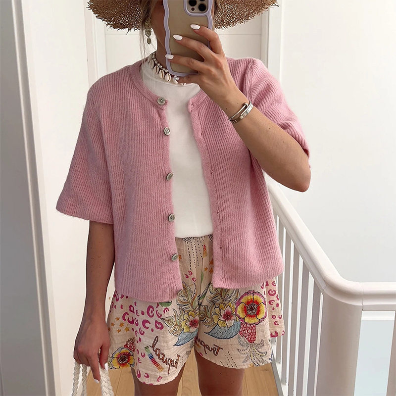 💕🌷Damen-Strickjacke mit kurzen Ärmeln, einfarbig