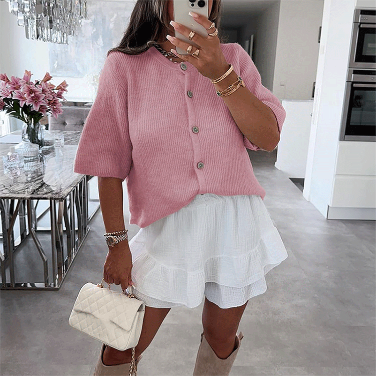 💕🌷Damen-Strickjacke mit kurzen Ärmeln, einfarbig