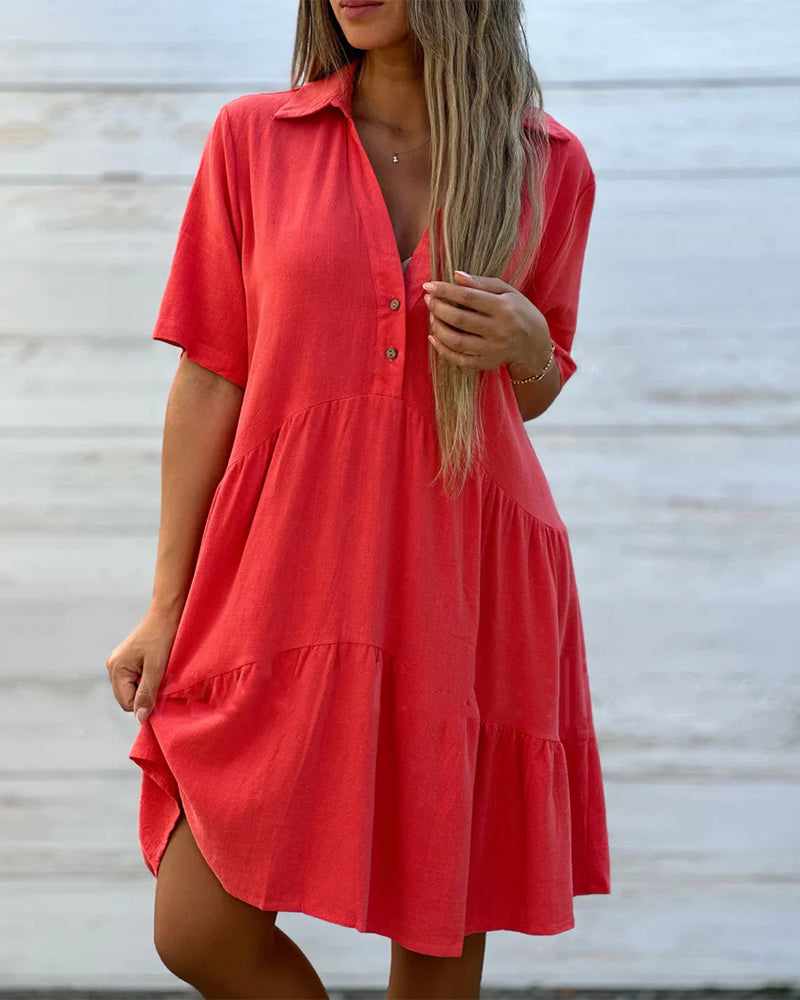 🌸 49 % RABATT JETZT! 🌸 Bequemes, einfarbiges Kleid mit Reversknopfleiste