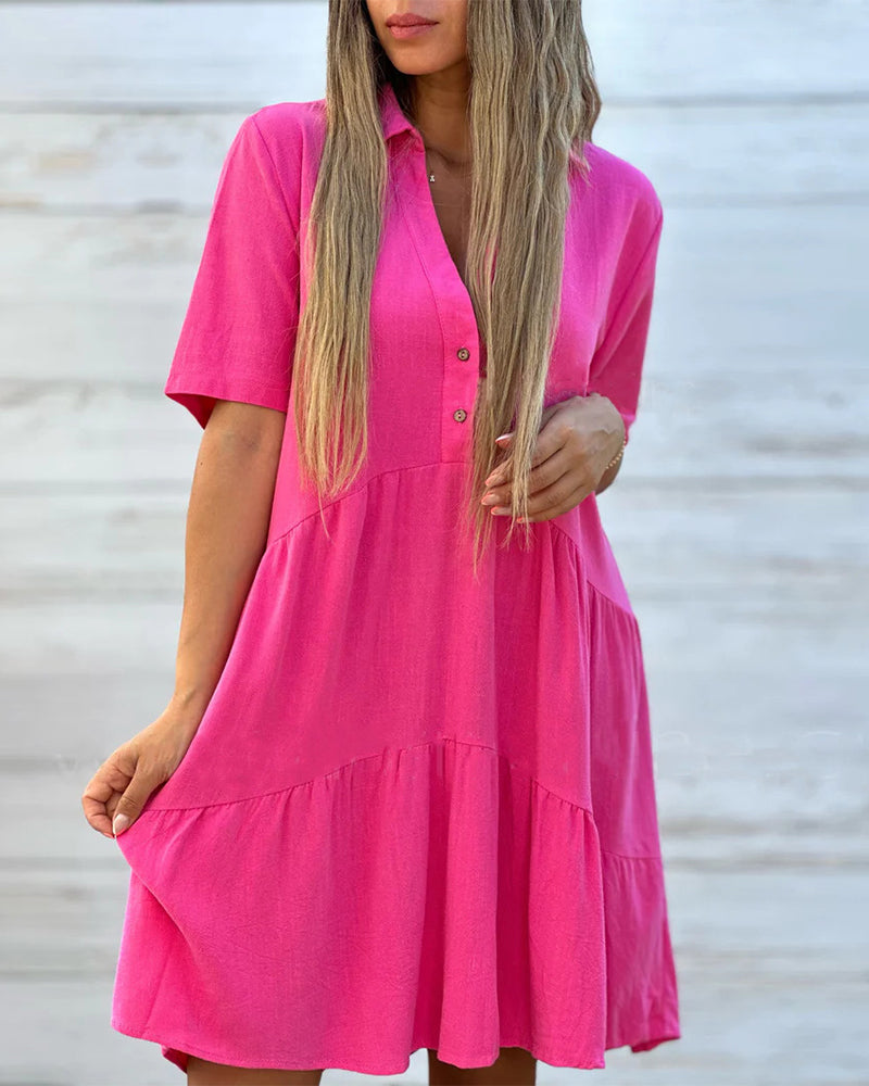 🌸 49 % RABATT JETZT! 🌸 Bequemes, einfarbiges Kleid mit Reversknopfleiste
