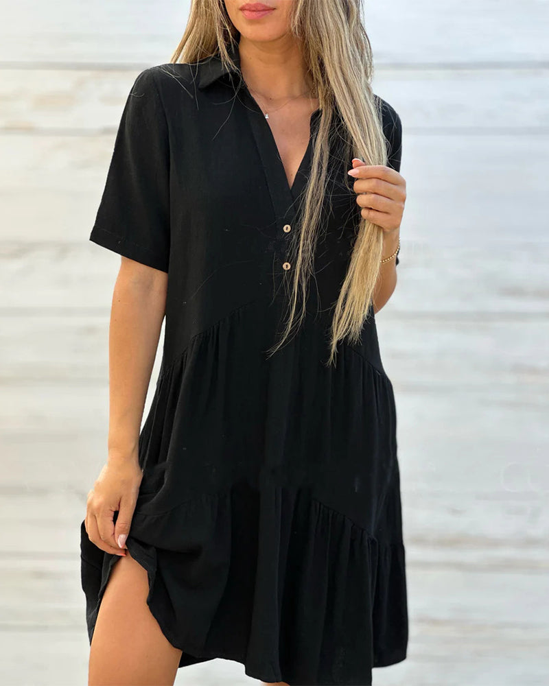 🌸 49 % RABATT JETZT! 🌸 Bequemes, einfarbiges Kleid mit Reversknopfleiste