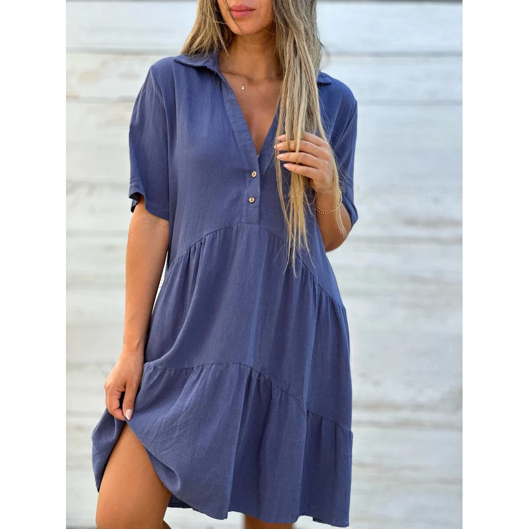 🌸 49 % RABATT JETZT! 🌸 Bequemes, einfarbiges Kleid mit Reversknopfleiste