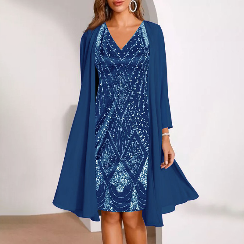 Gluschwein - 🏃‍♀️ Es wird im Akkord weggeschnappt – zögern Sie nicht！💕Damen-Set: Kleid mit V-Ausschnitt & transparenter langer Jacke