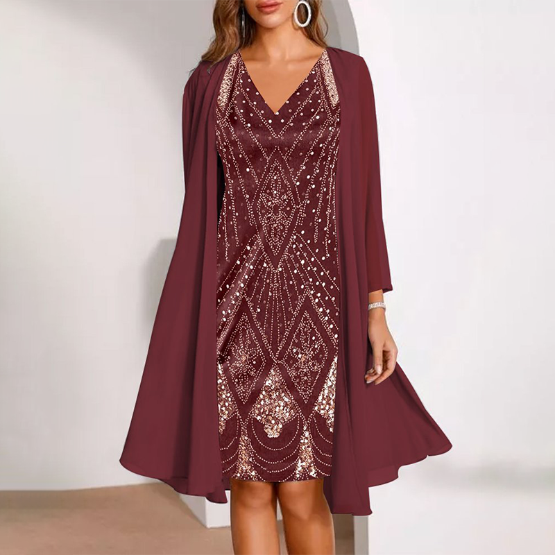 Gluschwein - 🏃‍♀️ Es wird im Akkord weggeschnappt – zögern Sie nicht！💕Damen-Set: Kleid mit V-Ausschnitt & transparenter langer Jacke