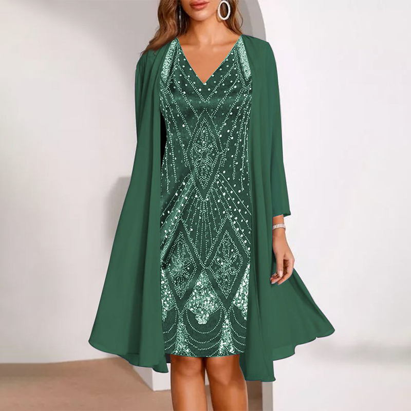 Gluschwein - 🏃‍♀️ Es wird im Akkord weggeschnappt – zögern Sie nicht！💕Damen-Set: Kleid mit V-Ausschnitt & transparenter langer Jacke