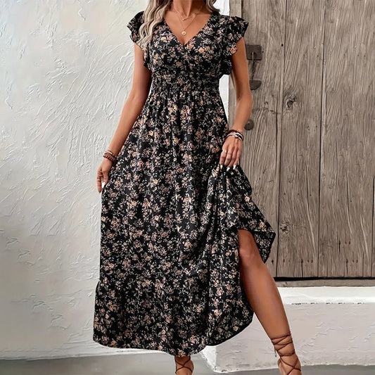 Gluschwein - 💃Zeitlich begrenztes Angebot 2026 – 50% Rabatt☀️ Fließendes Maxikleid mit V-Ausschnitt und Blumenmuster