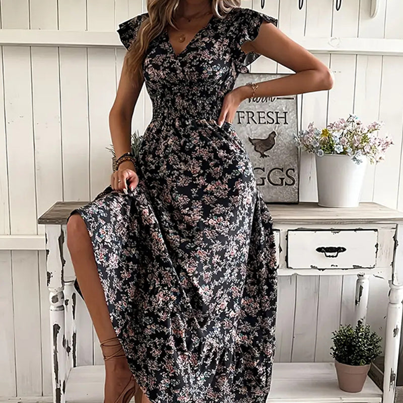 💃Zeitlich begrenztes Angebot 2026 – 50% Rabatt☀️ Fließendes Maxikleid mit V-Ausschnitt und Blumenmuster
