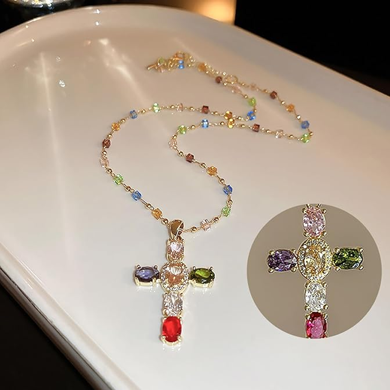 💎 50 % RABATT!! ✝️ Bunte Halskette mit Strass-Kreuzanhänger – leuchtender Glanz, verstellbare Länge & aussagekräftiges Statement ✨