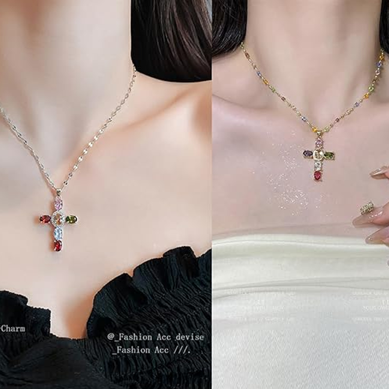 💎 50 % RABATT!! ✝️ Bunte Halskette mit Strass-Kreuzanhänger – leuchtender Glanz, verstellbare Länge & aussagekräftiges Statement ✨