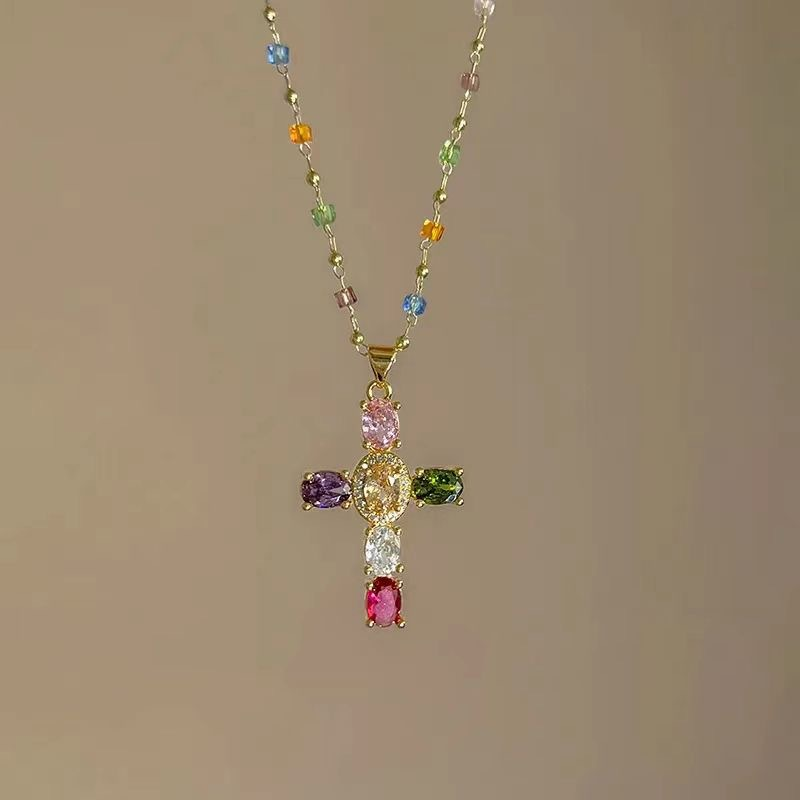💎 50 % RABATT!! ✝️ Bunte Halskette mit Strass-Kreuzanhänger – leuchtender Glanz, verstellbare Länge & aussagekräftiges Statement ✨