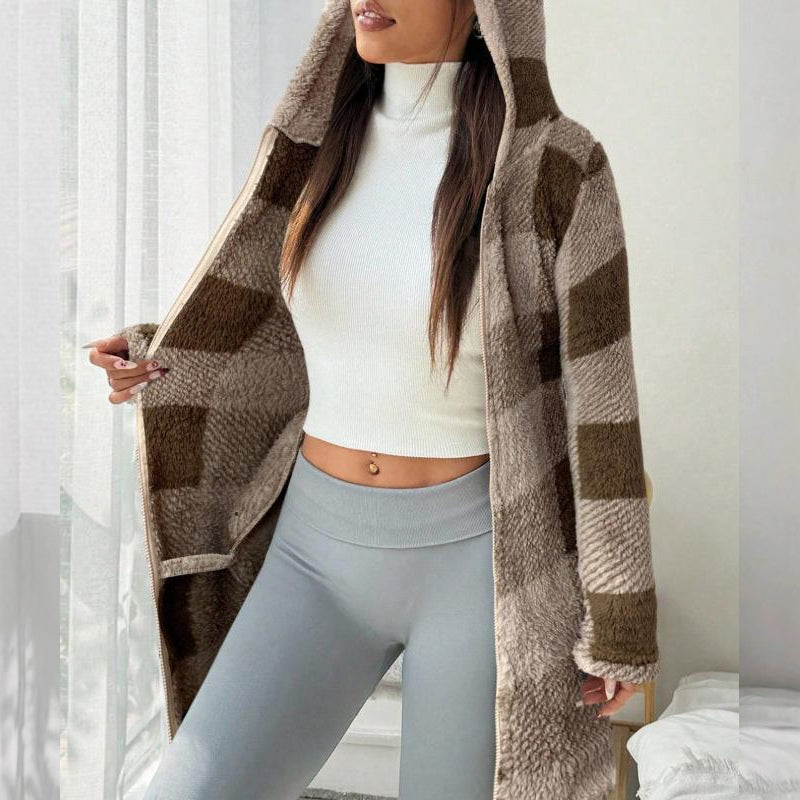 🍂🧥Karierte Kapuzenjacke für Damen mit Reißverschluss